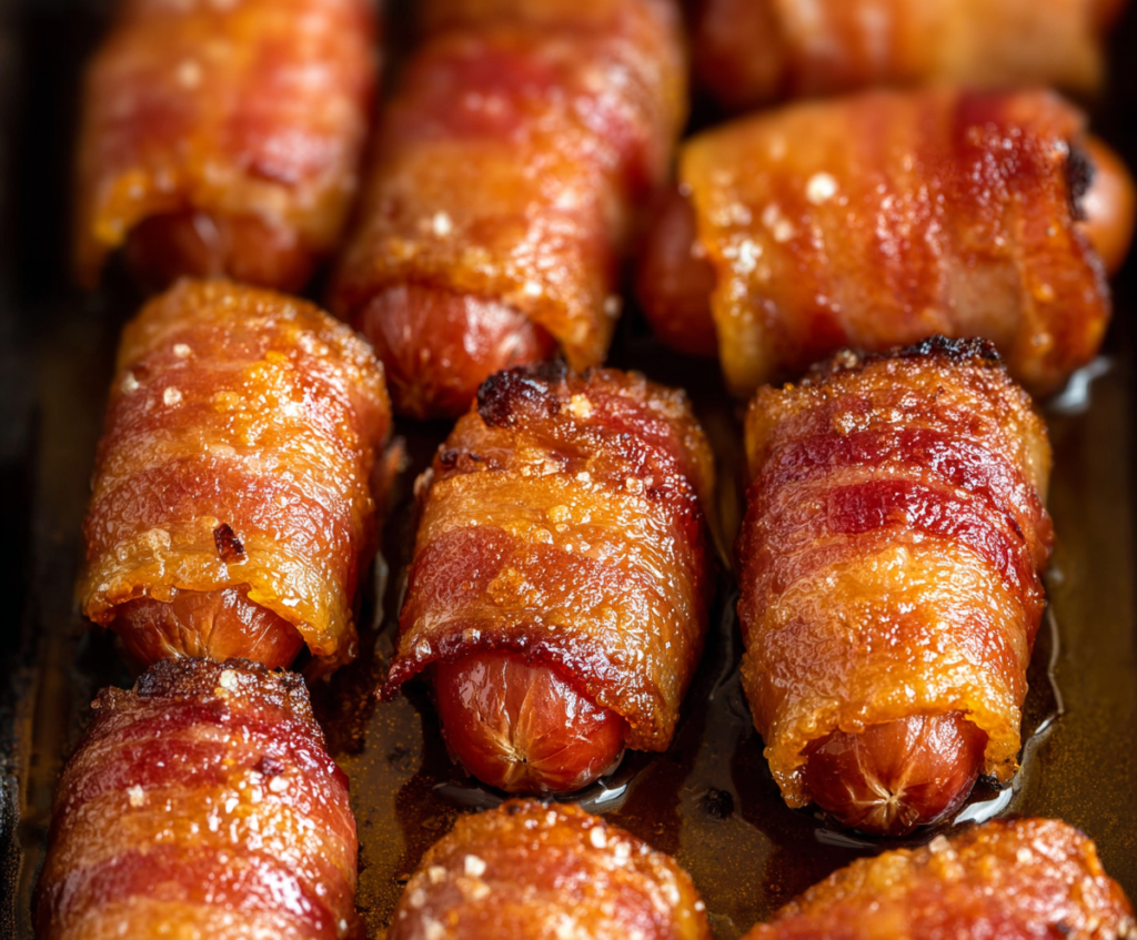 Bacon Wrapped Little Smokies served on a plate, garnished with herbs for a savory appetizer.