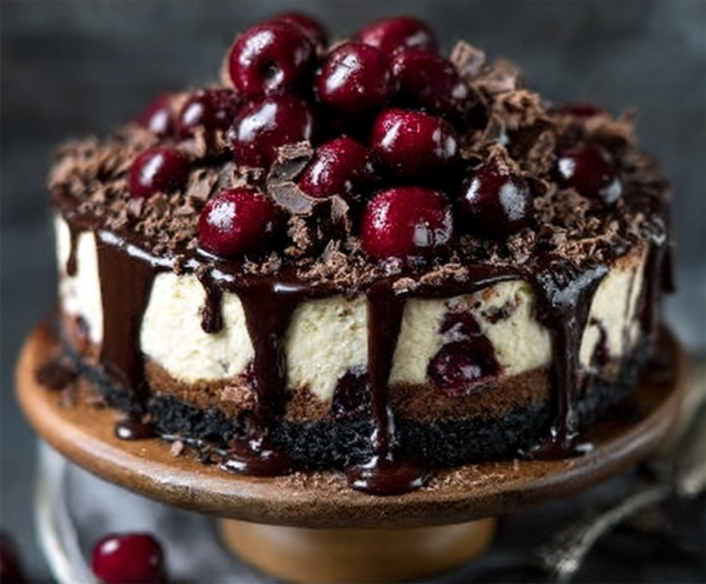 Delicious Black Forest Cheesecake with dark chocolate layers, cherry topping, and whipped cream on a decorative plate
