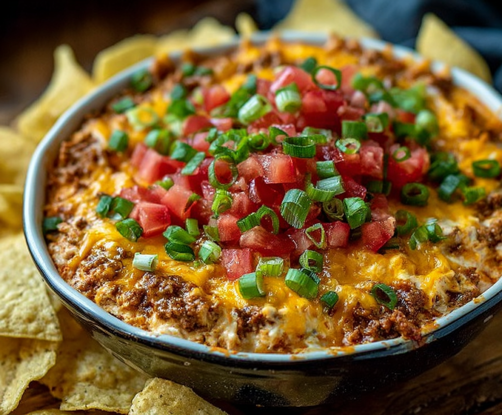 Delicious Bold Cheesy Texas Trash Dip served in a bowl with crunchy chips for dipping.