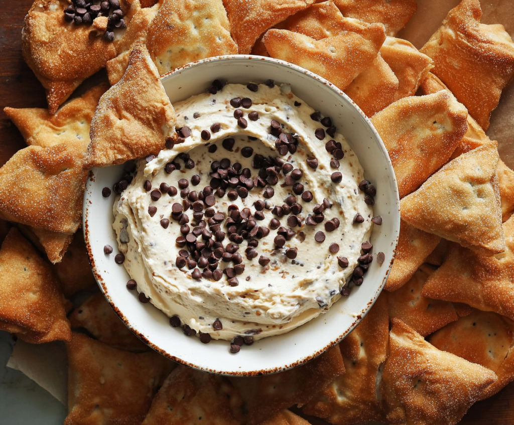 Delicious creamy cannoli dip with chocolate chips served in a white bowl