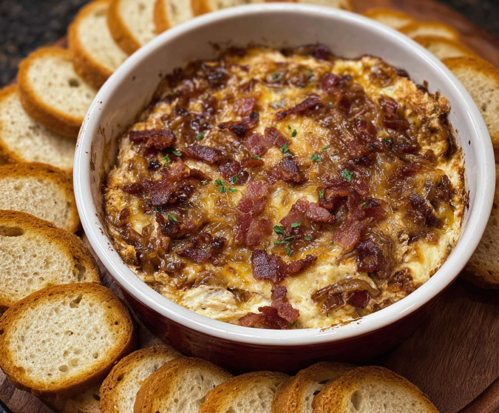 Creamy caramelized onion and crispy bacon dip served in a bowl, perfect for parties and gatherings.