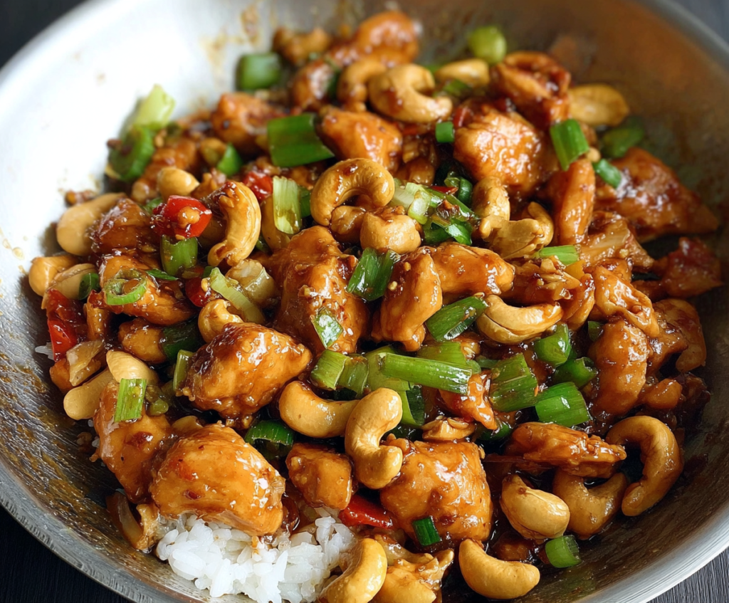 Delicious homemade cashew chicken stir-fry with crunchy cashews and tender chicken in savory sauce