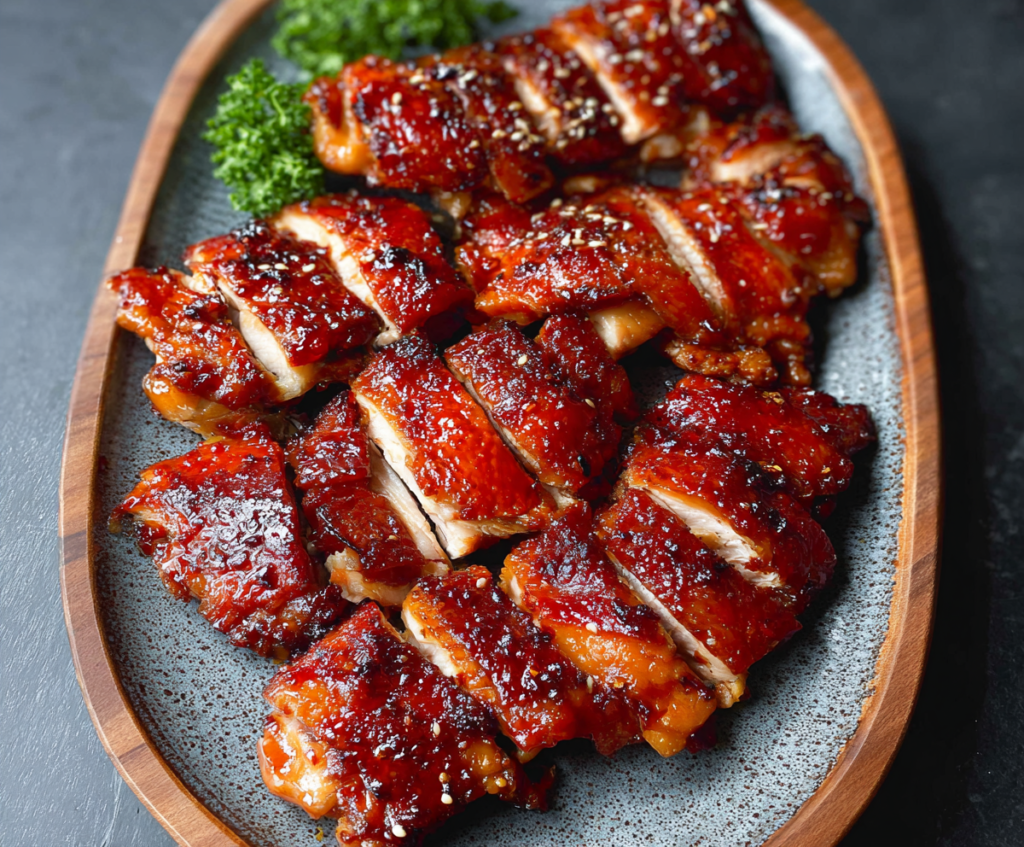 Delicious homemade Char Siu Chicken with glossy, flavorful glaze ready for serving