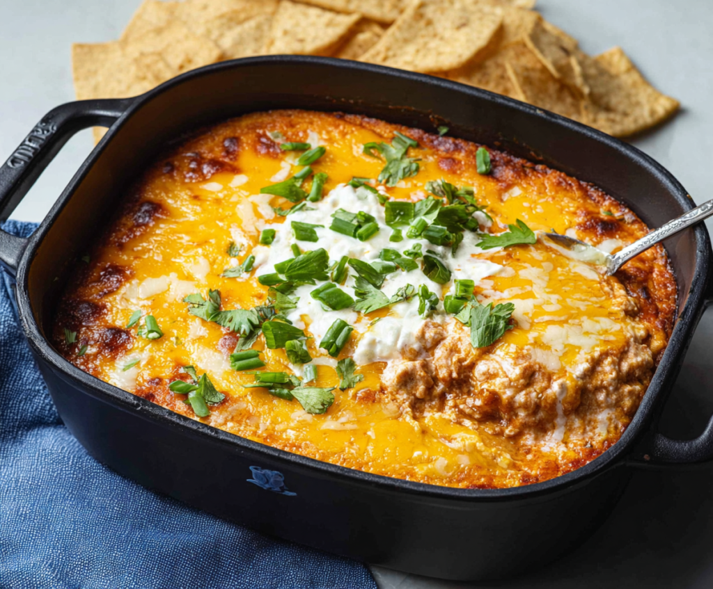 Delicious cheesy bean dip served with tortilla chips, perfect for parties and gatherings.