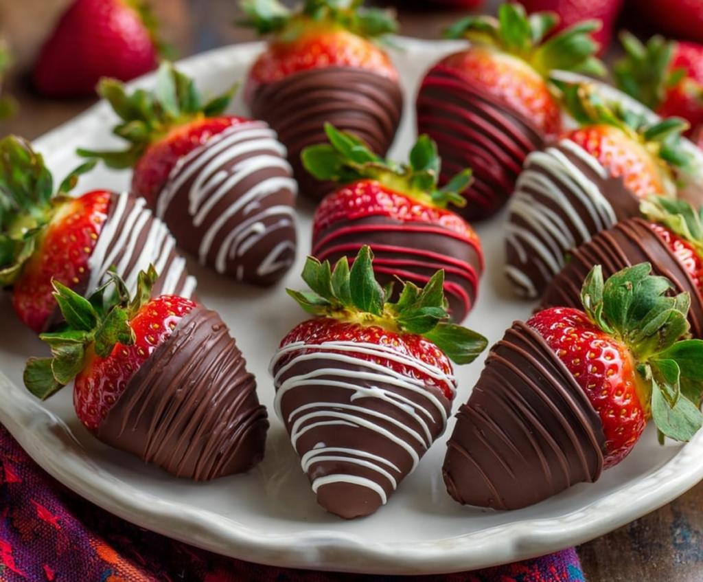 Delicious chocolate covered strawberries on a white plate, perfect for Valentine's Day treats.