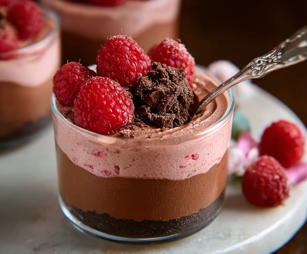 Delicious chocolate raspberry mousse cups topped with fresh raspberries and whipped cream