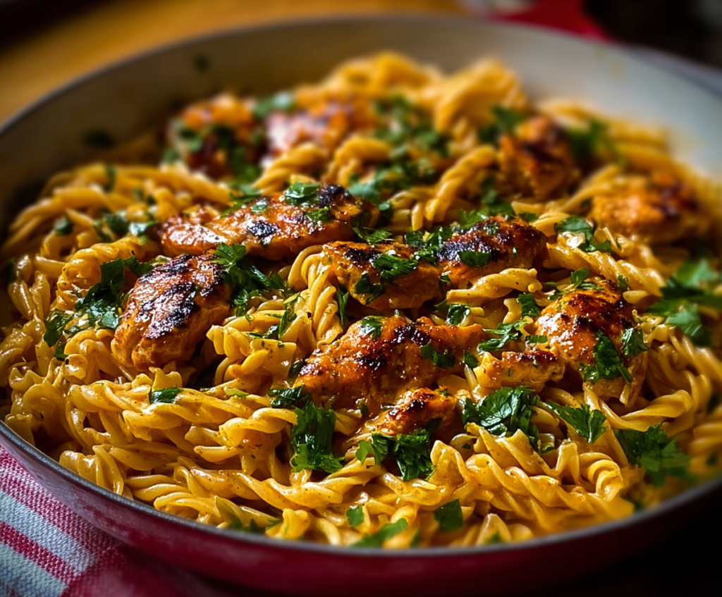 Creamy cowboy butter chicken pasta garnished with herbs on a rustic plate