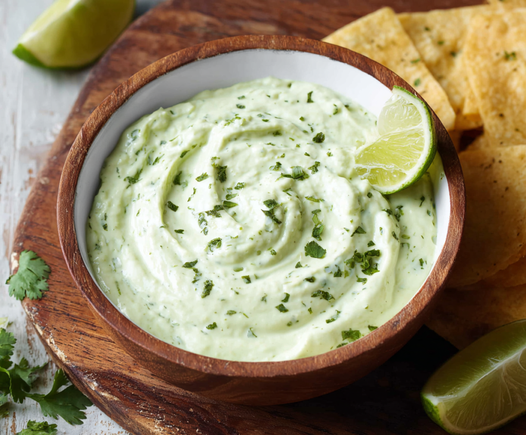 Creamy avocado cilantro lime dip served in a bowl with fresh ingredients on a rustic table.