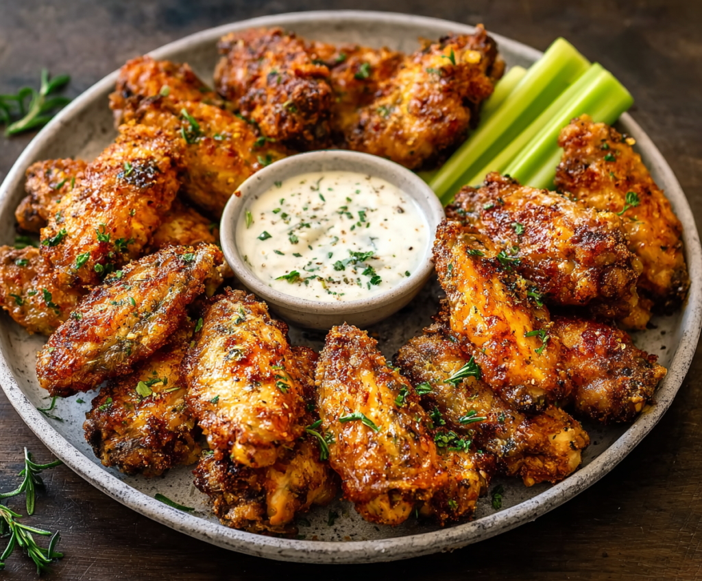 Delicious crispy baked chicken wings with golden-brown coating, perfect for snacking or appetizer.