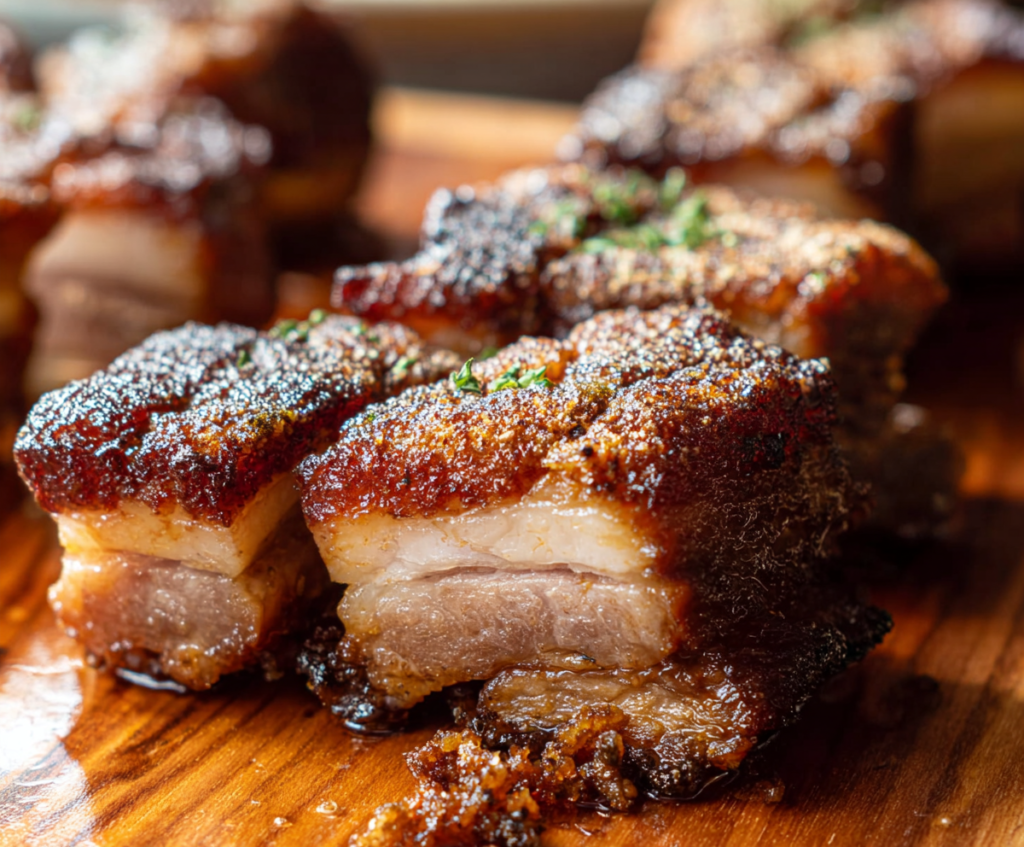 Delicious crispy pork belly served with crackling skin and tender meat, perfect for a flavorful meal.