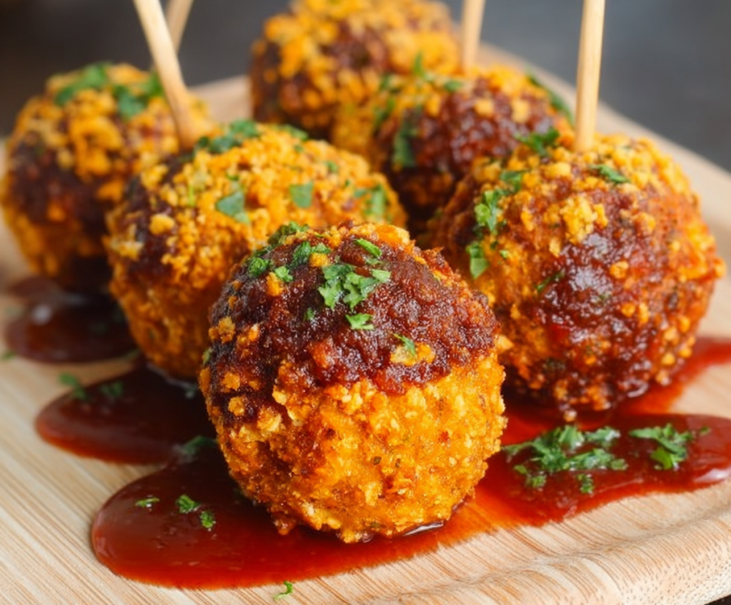Delicious Dorito meatballs served on a plate with melted cheese and fresh herbs.