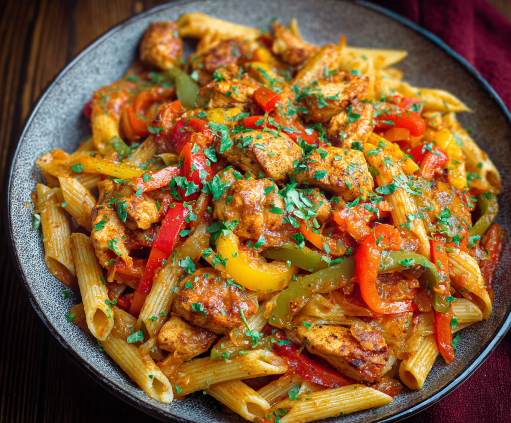 Delicious fajita chicken pasta with colorful vegetables on a plate