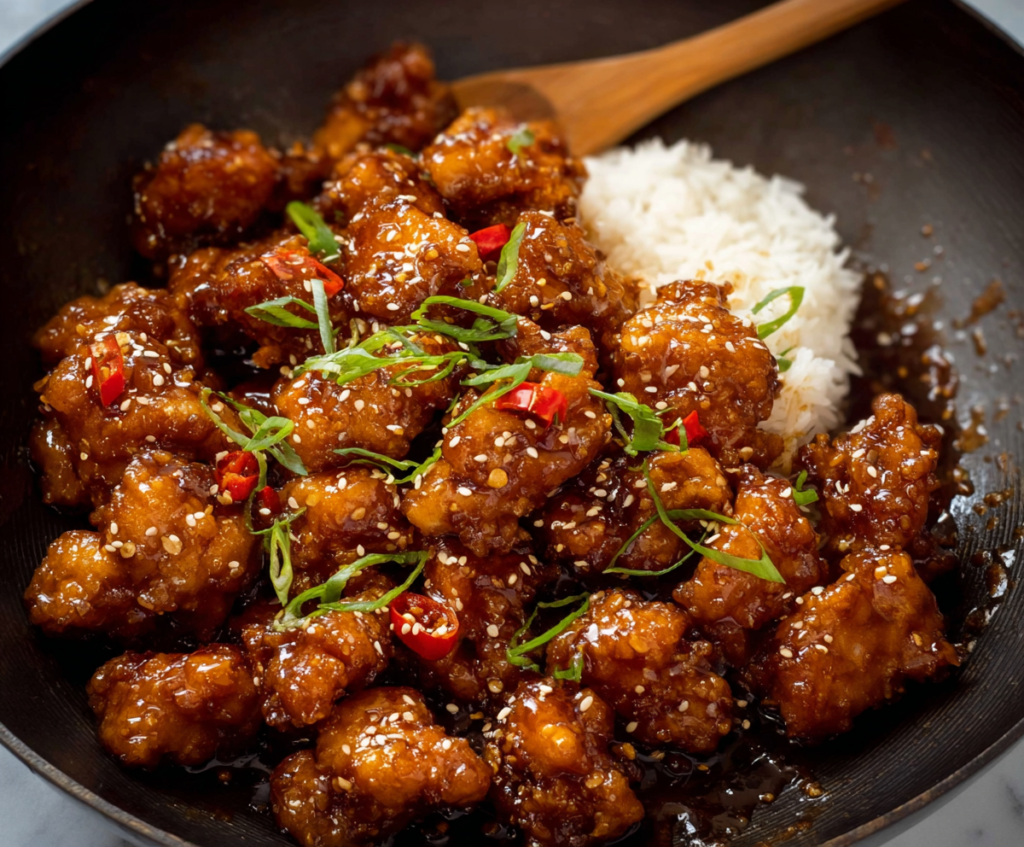 Delicious crispy General Tso’s Chicken served with steamed rice and fresh vegetables.
