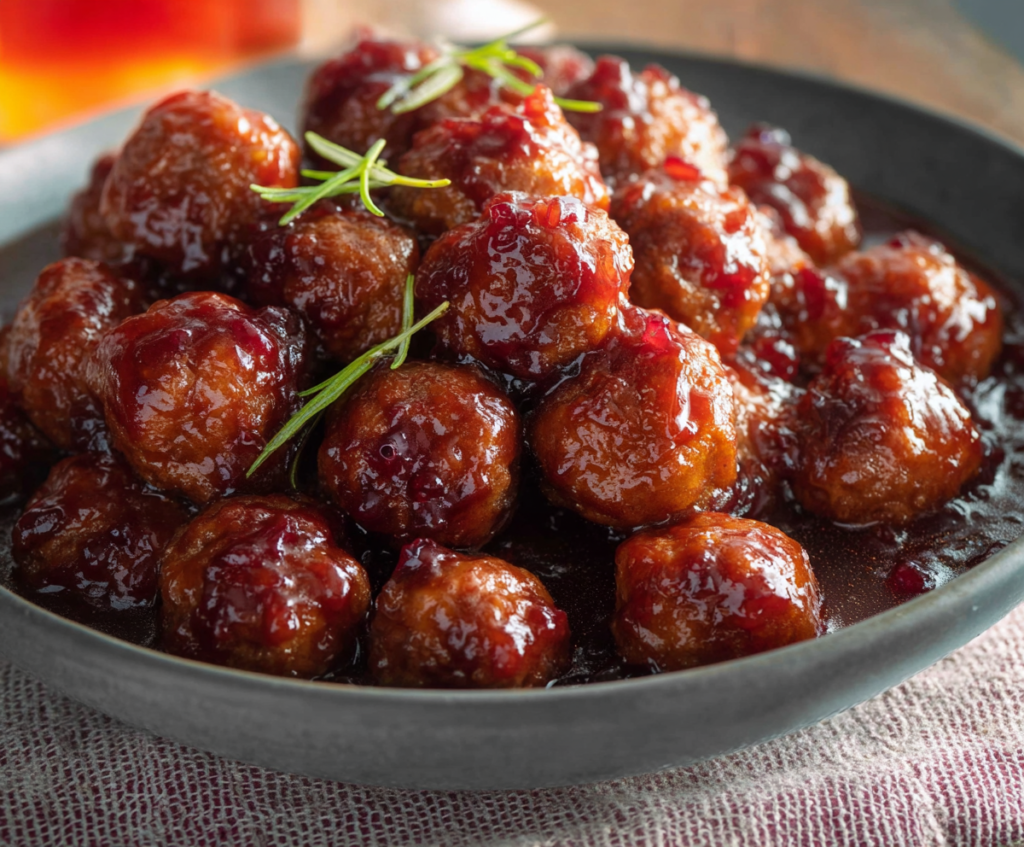 Delicious grape jelly meatballs served as a savory appetizer or main dish.