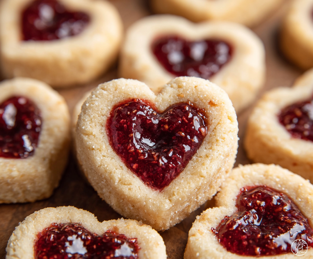 Delicious Heart Jam Cookies with a sweet jam filling and golden-brown crust, perfect for Valentine's Day or special occasions.