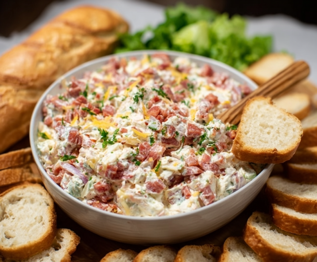 Creamy Hoagie Dip served with fresh vegetables and crusty bread for appetizers.