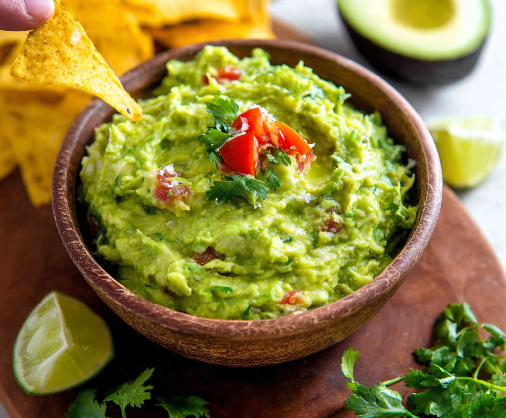 Creamy homemade guacamole with ripe avocados, tomatoes, onions, and lime served as a delicious appetizer.
