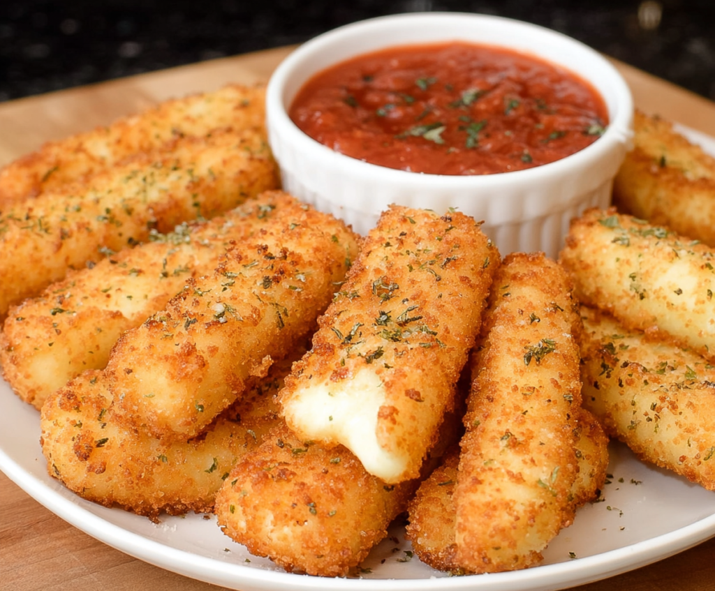 Crispy homemade mozzarella sticks with golden cheese filling on a white plate
