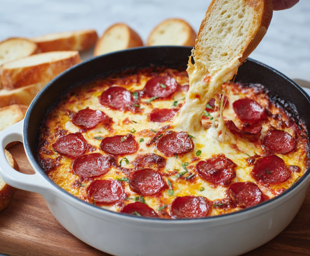 Delicious hot pizza dip with melted cheese, pepperoni, and fresh herbs served in a bowl