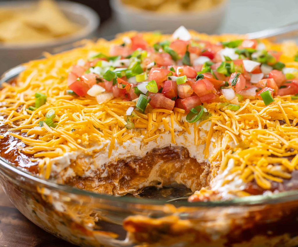 Delicious layered nacho dip with melted cheese, salsa, and toppings on a serving platter.