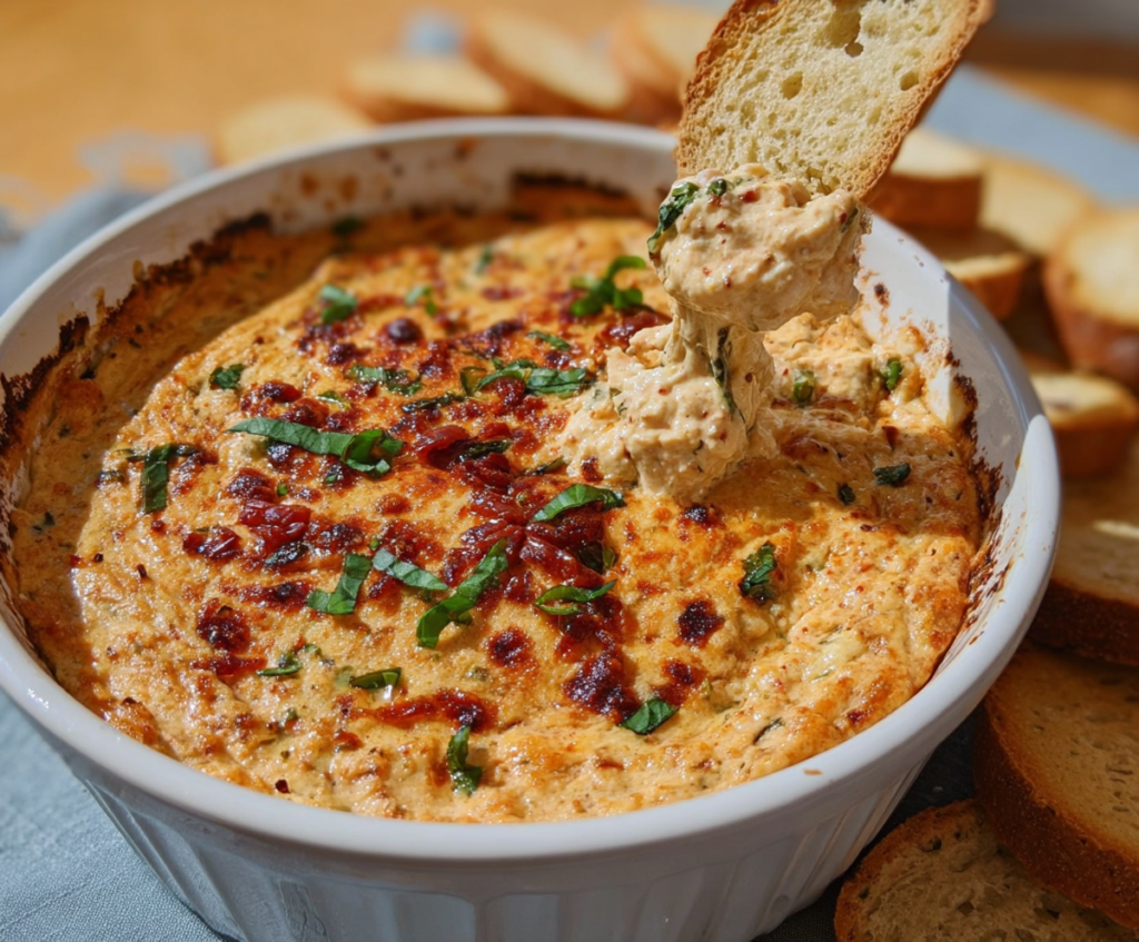 Delicious Marry Me Chicken Dip with melted cheese and savory herbs served in a bowl.