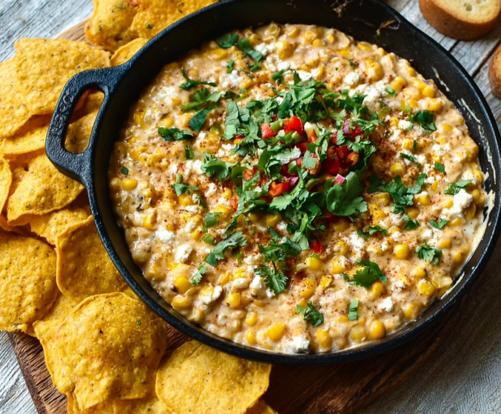 Creamy Mexican Street Corn Dip with fresh cilantro and grated cheese serving as a popular appetizer.