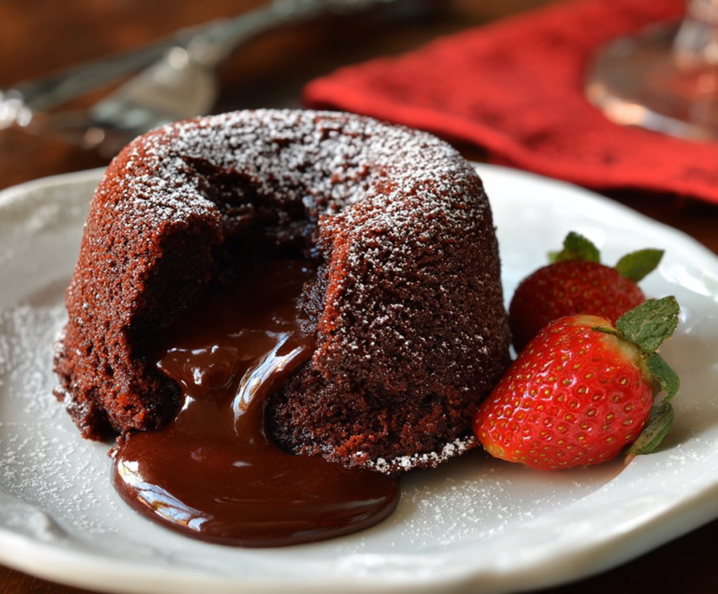 Delicious molten chocolate lava cake with gooey center, perfect for dessert lovers.