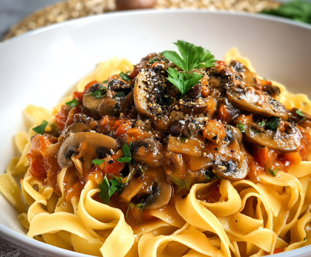 Delicious mushroom pasta with creamy sauce served on a plate, perfect for a comforting meal.