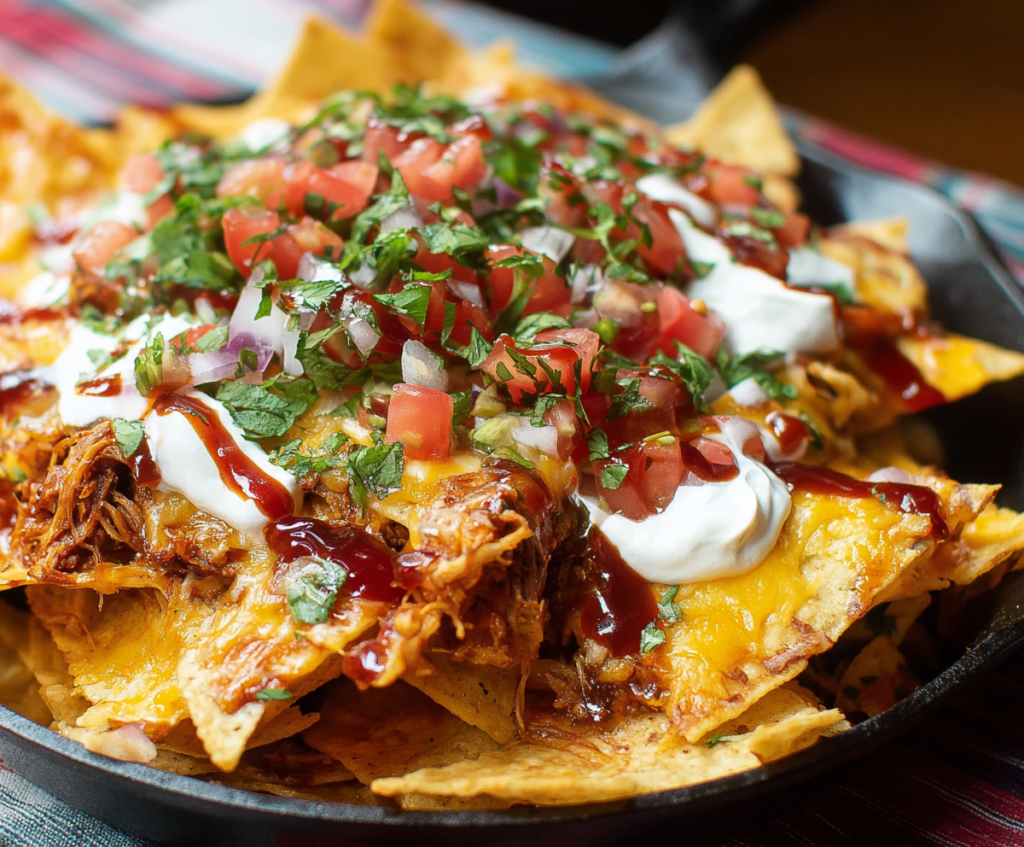 Delicious pulled pork nachos topped with melted cheese, jalapenos, and fresh cilantro on a serving dish.