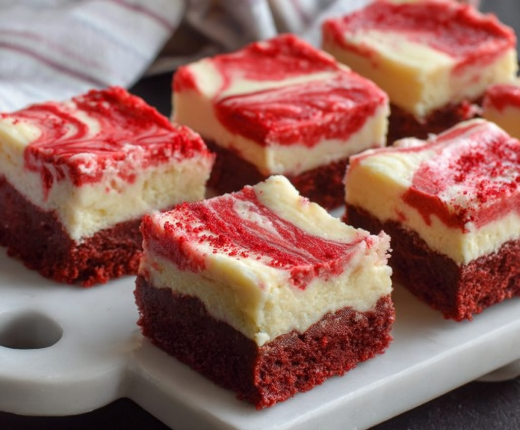 Delicious red velvet cheesecake bars with cream cheese frosting on a decorative plate.