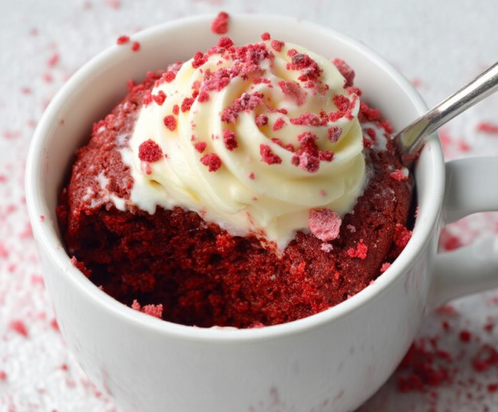 Delicious homemade Red Velvet Mug Cake ready to enjoy in a mug.