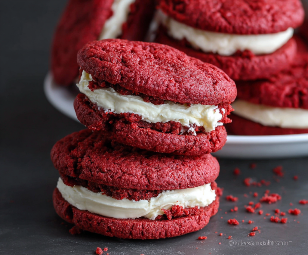 Delicious red velvet sandwich cookies with creamy filling on a white plate