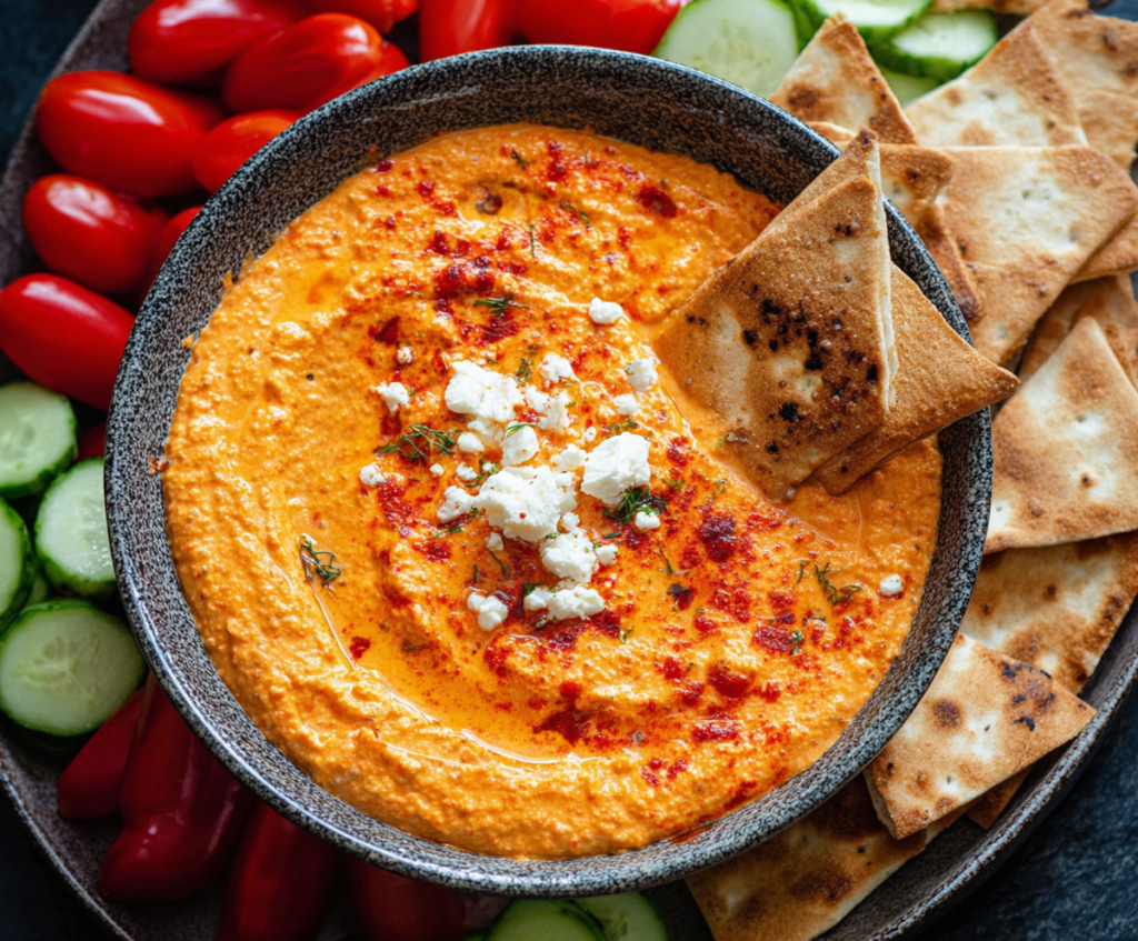 Delicious roasted red pepper and feta dip served with fresh vegetables.