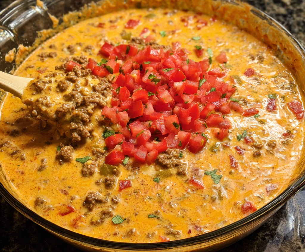 Delicious Rotel dip with ground beef served with crispy chips