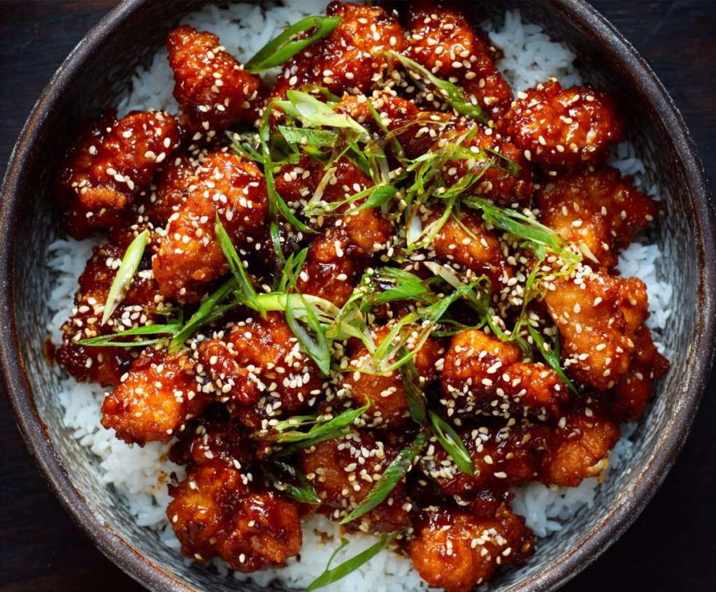 Delicious sesame chicken served with a side of steamed vegetables on a white plate.