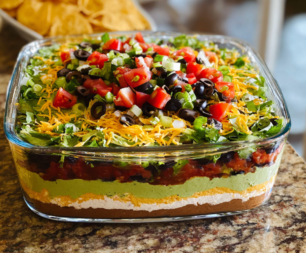 Colorful seven-layer dip with guacamole sour cream salsa shredded cheese and sliced olives on a platter.
