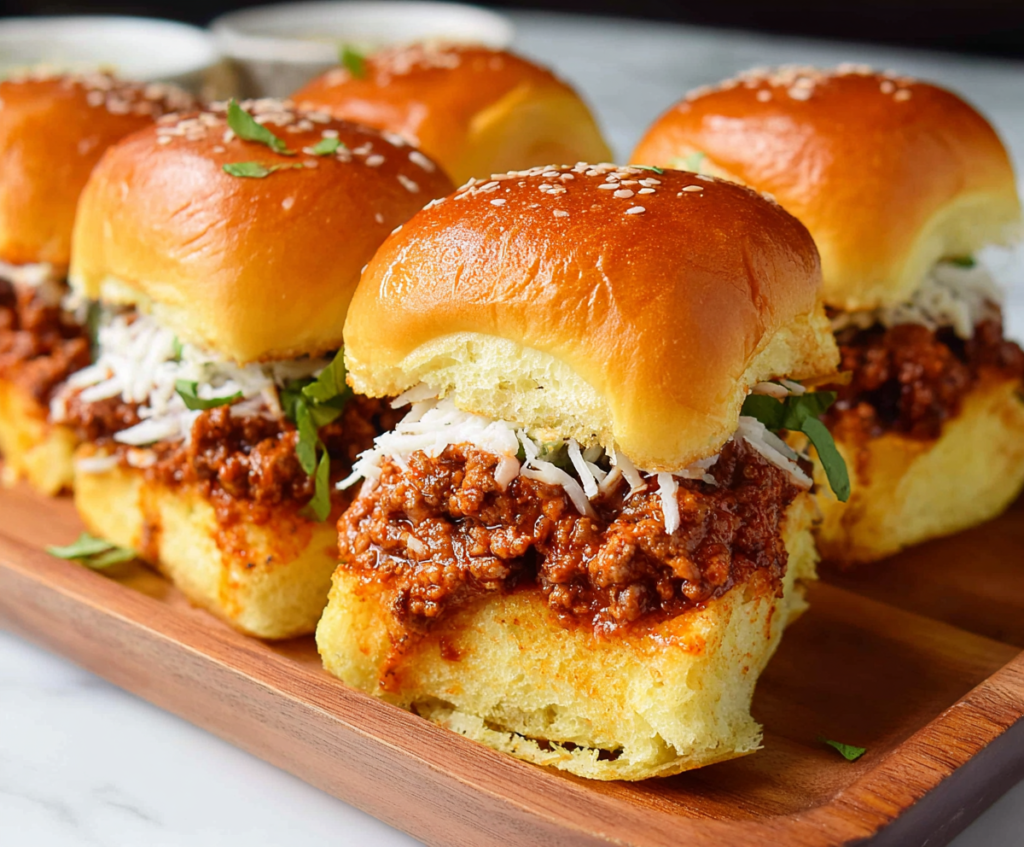 Delicious Sloppy Joe Sliders with savory beef and melted cheese on mini buns.