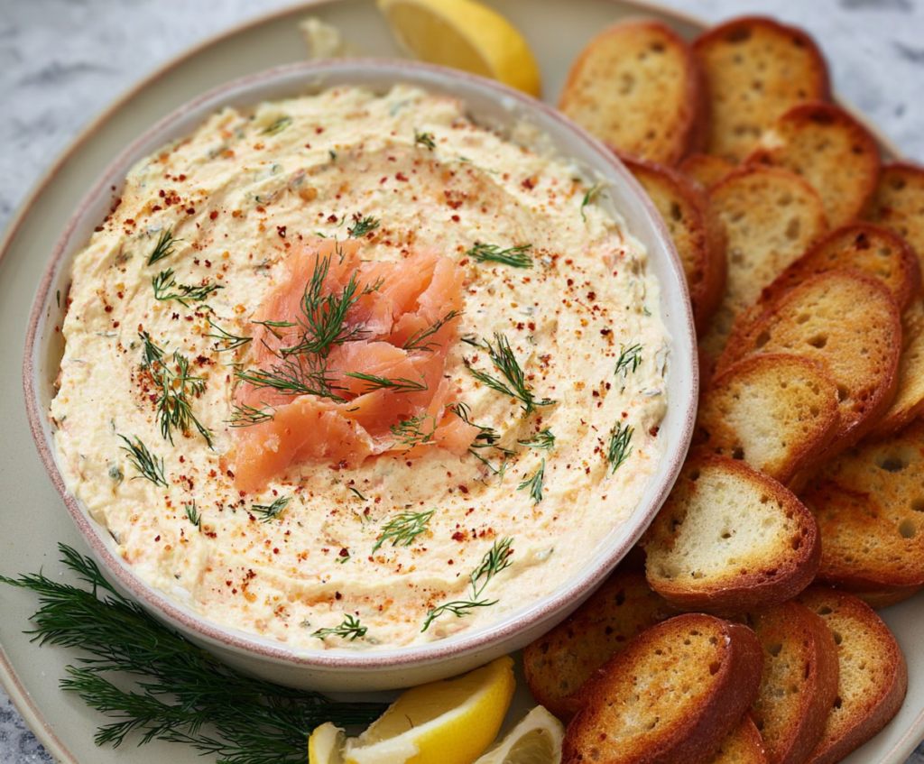 Creamy smoked salmon dip garnished with fresh herbs served with crackers.