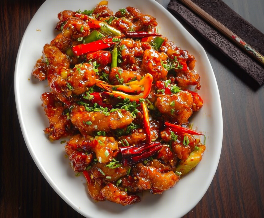 Delicious Spicy Dragon Chicken dish featuring crispy fried chicken coated with spicy chili sauce and garnished with green onions.