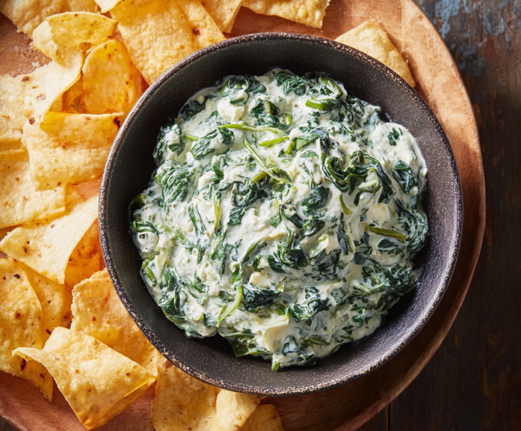 Creamy spinach dip served with crispy bread slices, perfect for parties and snacks.