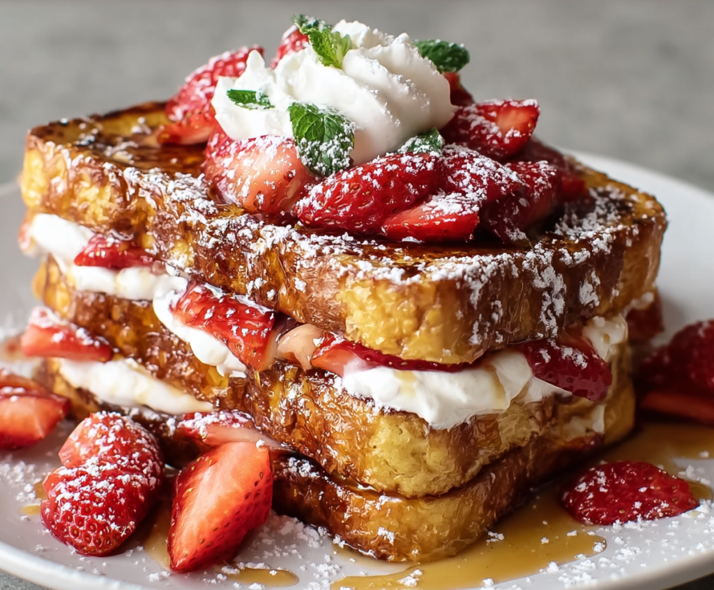 Delicious strawberries and cream French toast topped with fresh strawberries and whipped cream