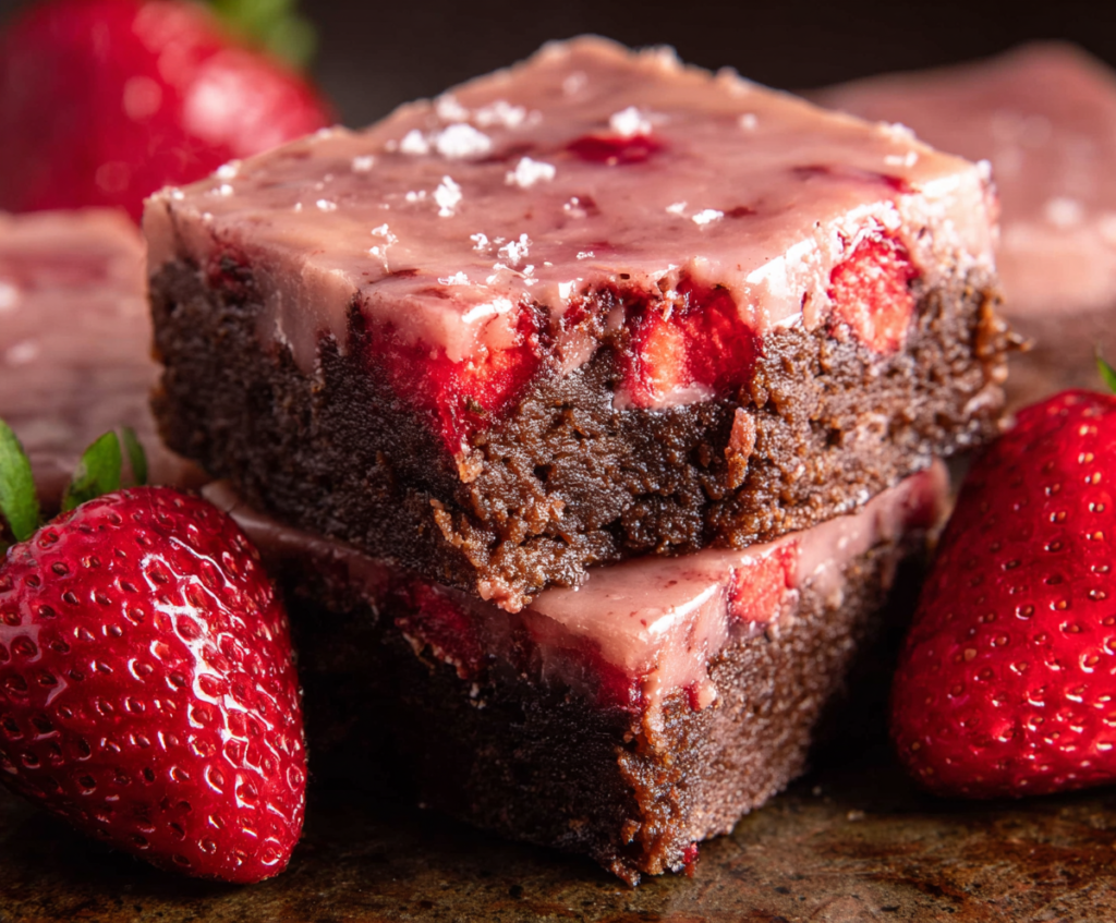 Delicious strawberry brownies with a rich chocolate base topped with fresh strawberries