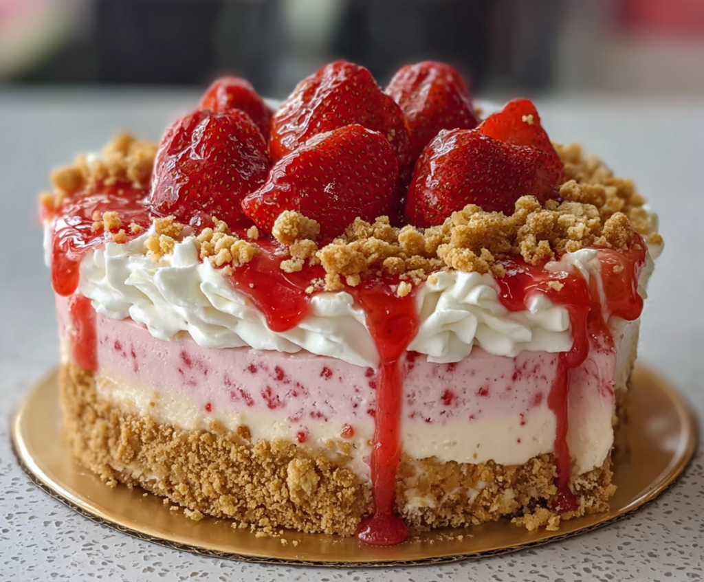 Delicious Strawberry Crunch Cheesecake topped with fresh strawberries and crunchy granola layers.