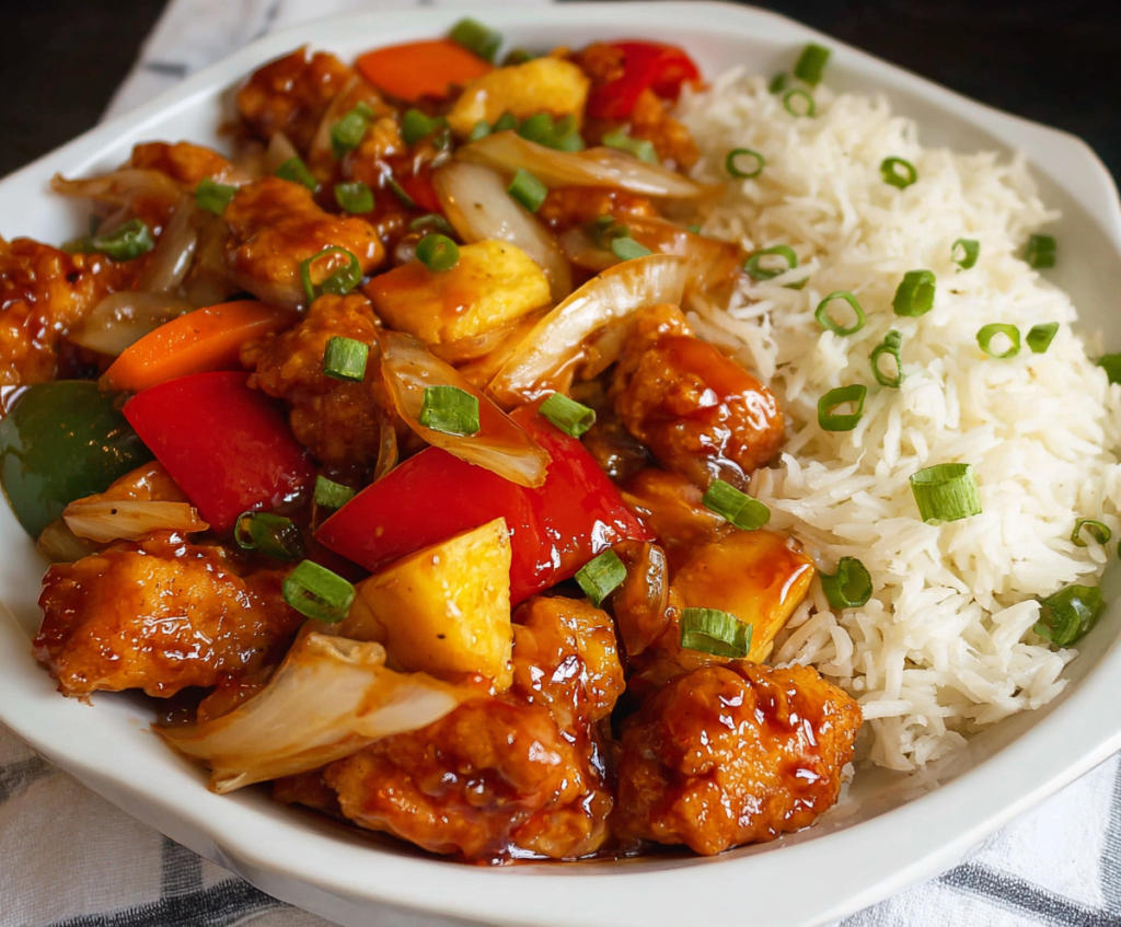 Delicious sweet and sour chicken served with colorful vegetables on a plate.