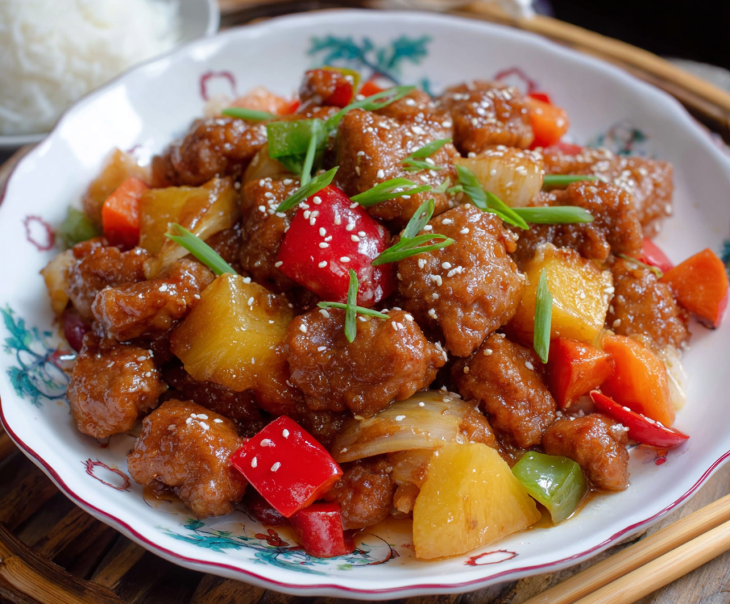 Delicious sweet and sour pork served with colorful vegetables on a plate.
