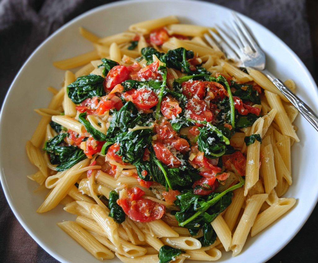 Delicious tomato and spinach pasta served on a white plate, garnished with herbs.