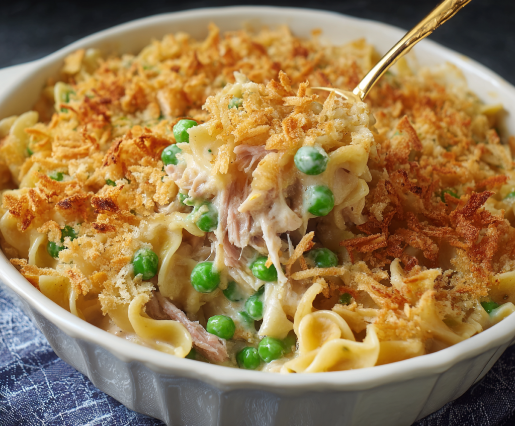 Creamy tuna noodle casserole in a baking dish garnished with herbs and served hot.