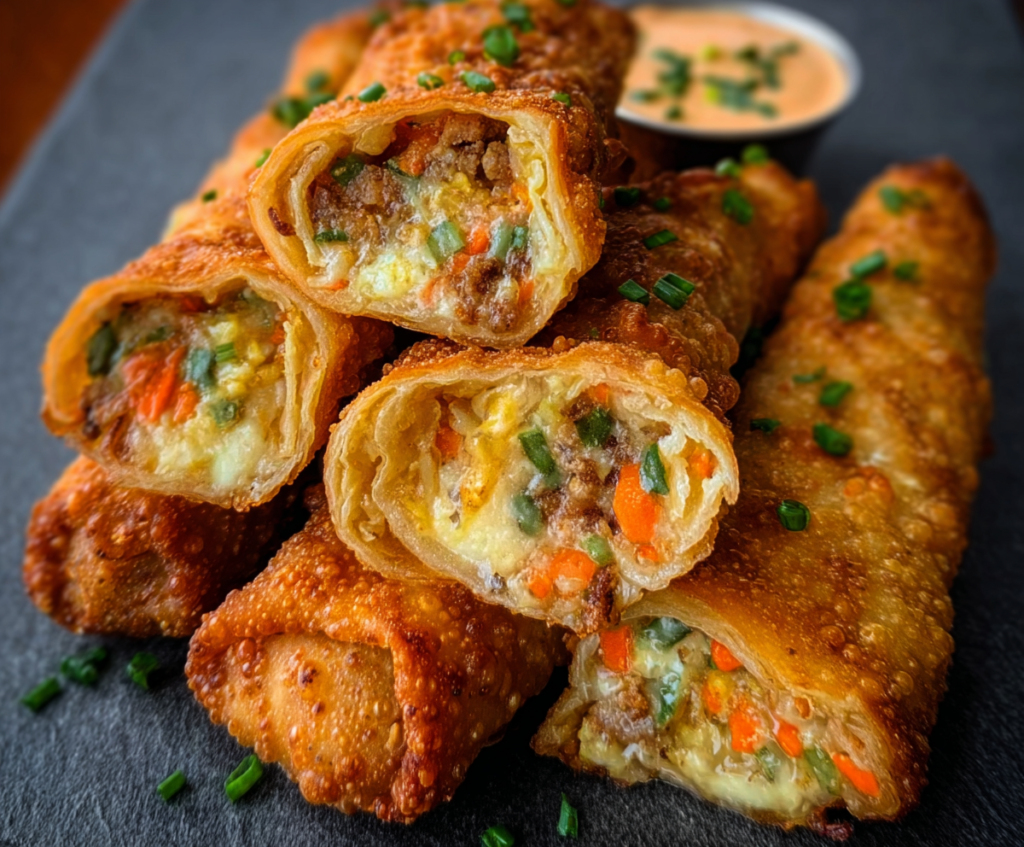 Crispy Voodoo Egg Rolls filled with flavorful herbs and spices, served with dipping sauce