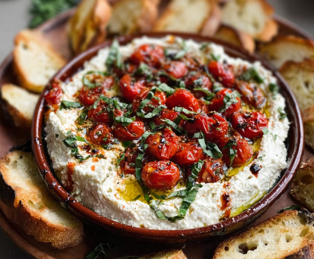 Delicious whipped feta bruschetta dip served on a rustic wooden platter, topped with fresh herbs and cherry tomatoes.