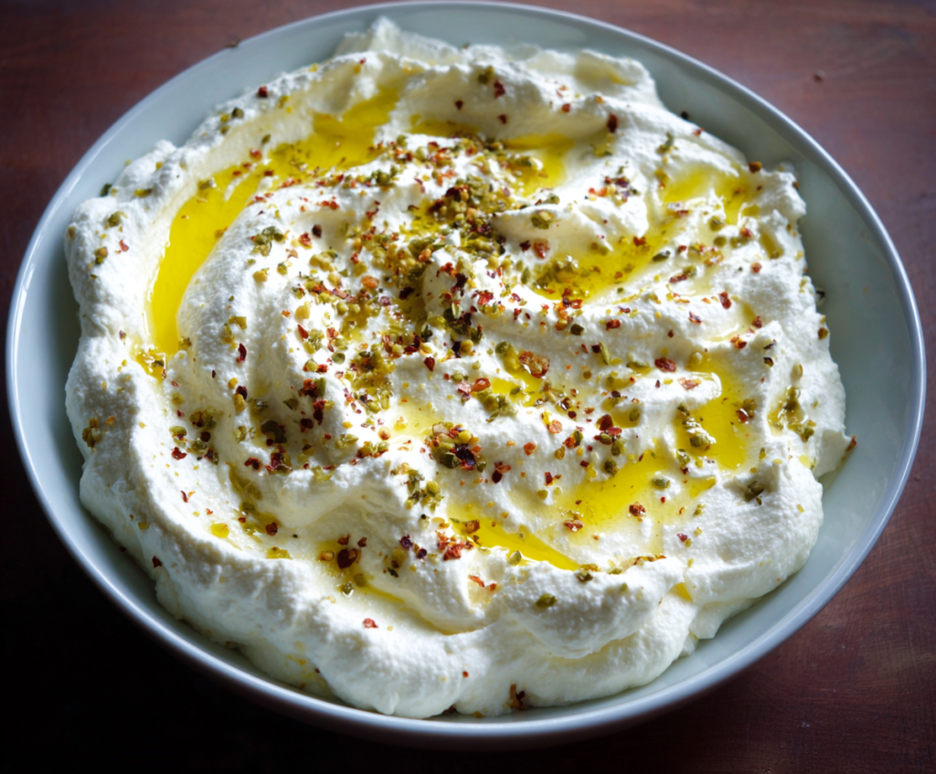 Creamy whipped ricotta cheese spread garnished with fresh herbs, perfect for spreads and dips.